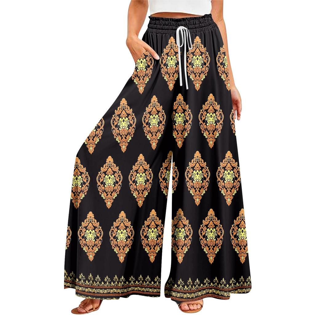 Женские летние широкие брюки с высокой талией и струящимися карманами, модные повседневные повседневные пляжные брюки в богемном стиле с принтом