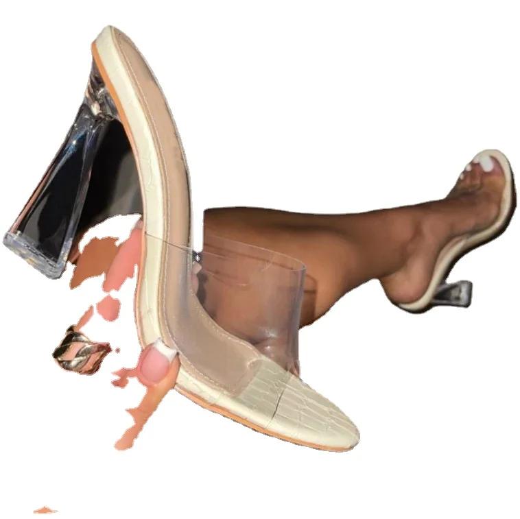 Летние женские туфли-лодочки, сандалии 9 см, прозрачные тапочки, пикантные женские прозрачные тапочки на высоком каблуке с открытым квадратным носком, прозрачные сандалии на каблуке