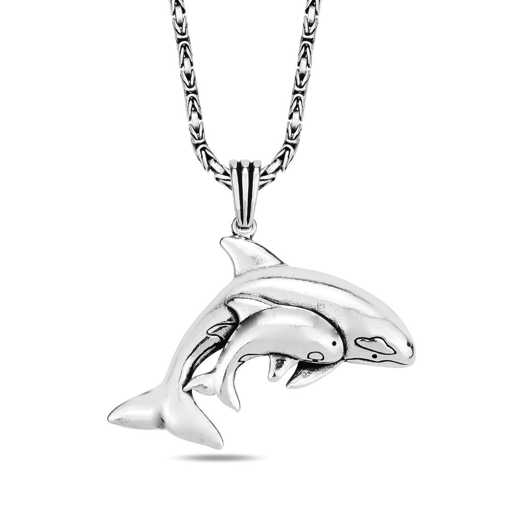 Men's 925k Dolphin Pendant Necklace, Silver Byzantine Chain Necklace, Simple & Stylish Silver Jewelry, Handcrafted Turkish Artisan Piece