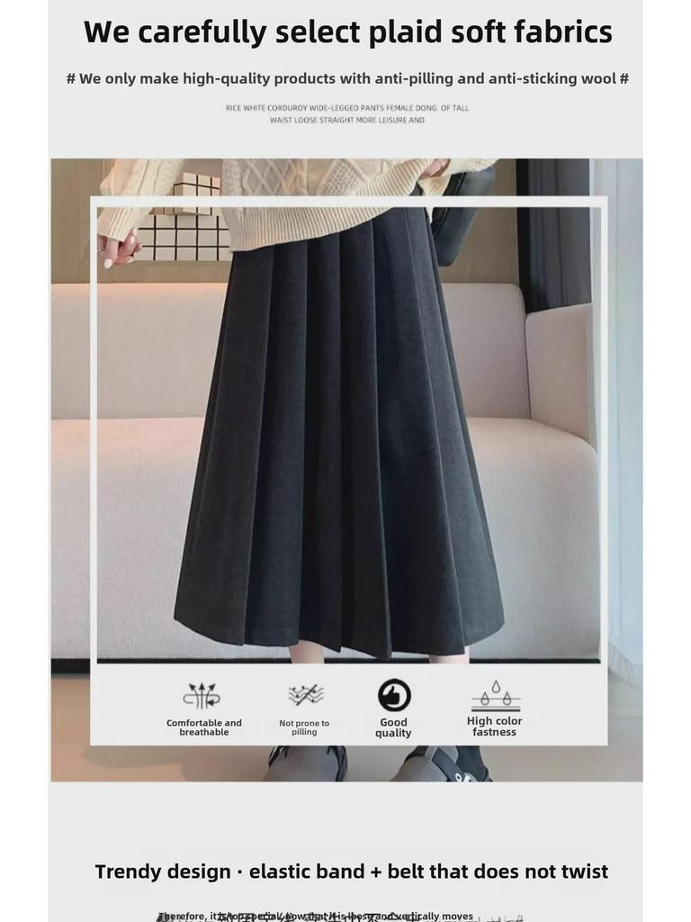 Women's High-Waist Gray Wool A-Line Skirt - Autumn/Winter Pleated, Elegant Slim-Fit.