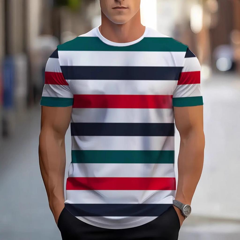 Летняя футболка с круглым вырезом, цветными блоками и полосатым 3D-принтом, модная, повседневная, с короткими рукавами, мужская