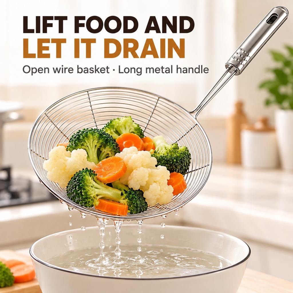 Round Wire Skimmer with Long Metal Handle, Kitchen Strainer Spoon