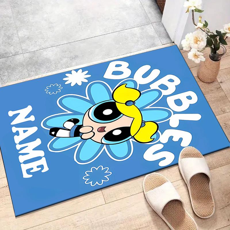 Custom The Powerpuff Girls Mat Personalized Name, Polyester Washable Indoor Entryway Rug, Gift for Christmas, Easter, Thanksgiving Day