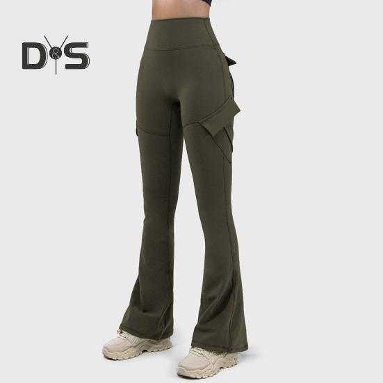 Women Flared Pants Elastic High Waist Wide Leg Casual Trousers with Flap Pockets Solid Color Cargo Pants Daily Wear