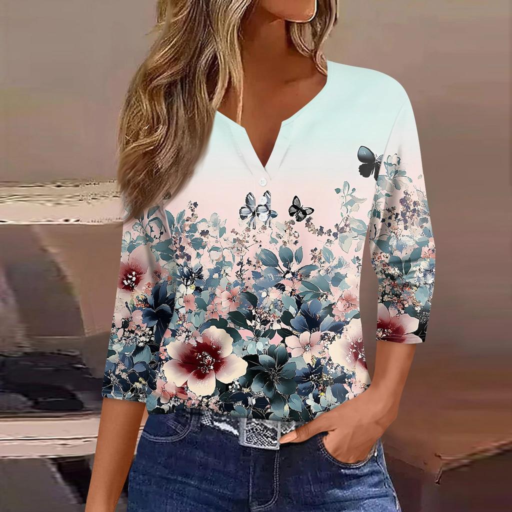 Жен. Футболка С принтом Пуговицы Рукав 3/4 Повседневные Выходные Мода Классический Классический V-образный вырез Обычный Верх