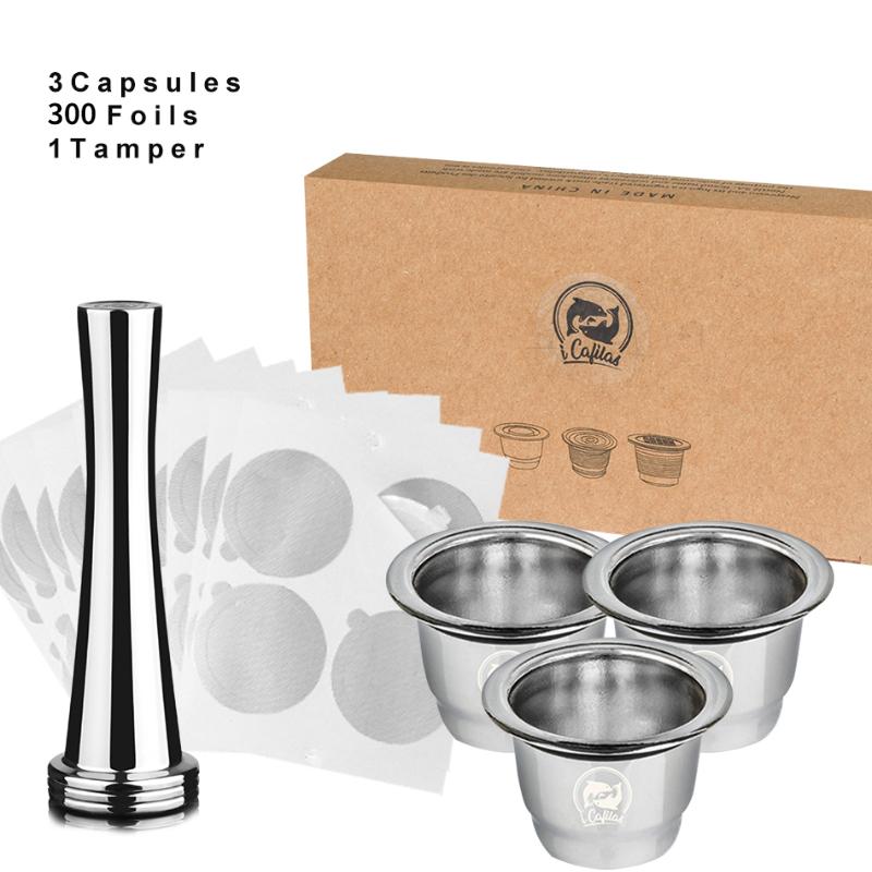 i Cafilas [NESC02] Использование 2 в 1, совместимо с капсульным фильтром Nespresso, многоразовые капсулы для кофе Crema, капсулы, тамперный зажим с крышками Reusbale, фольга
