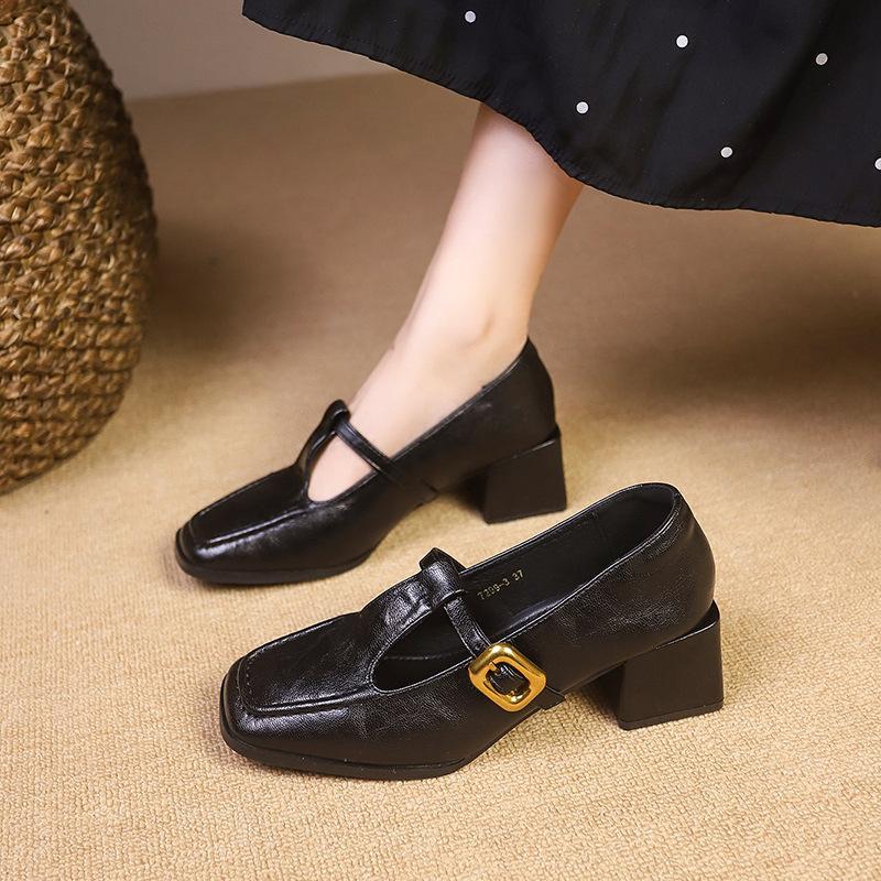 Туфли-лодочки из натуральной кожи на толстой подошве и каблуке в стиле ретро с пряжкой в виде одного слова, неглубокие женские туфли Мэри Джейн