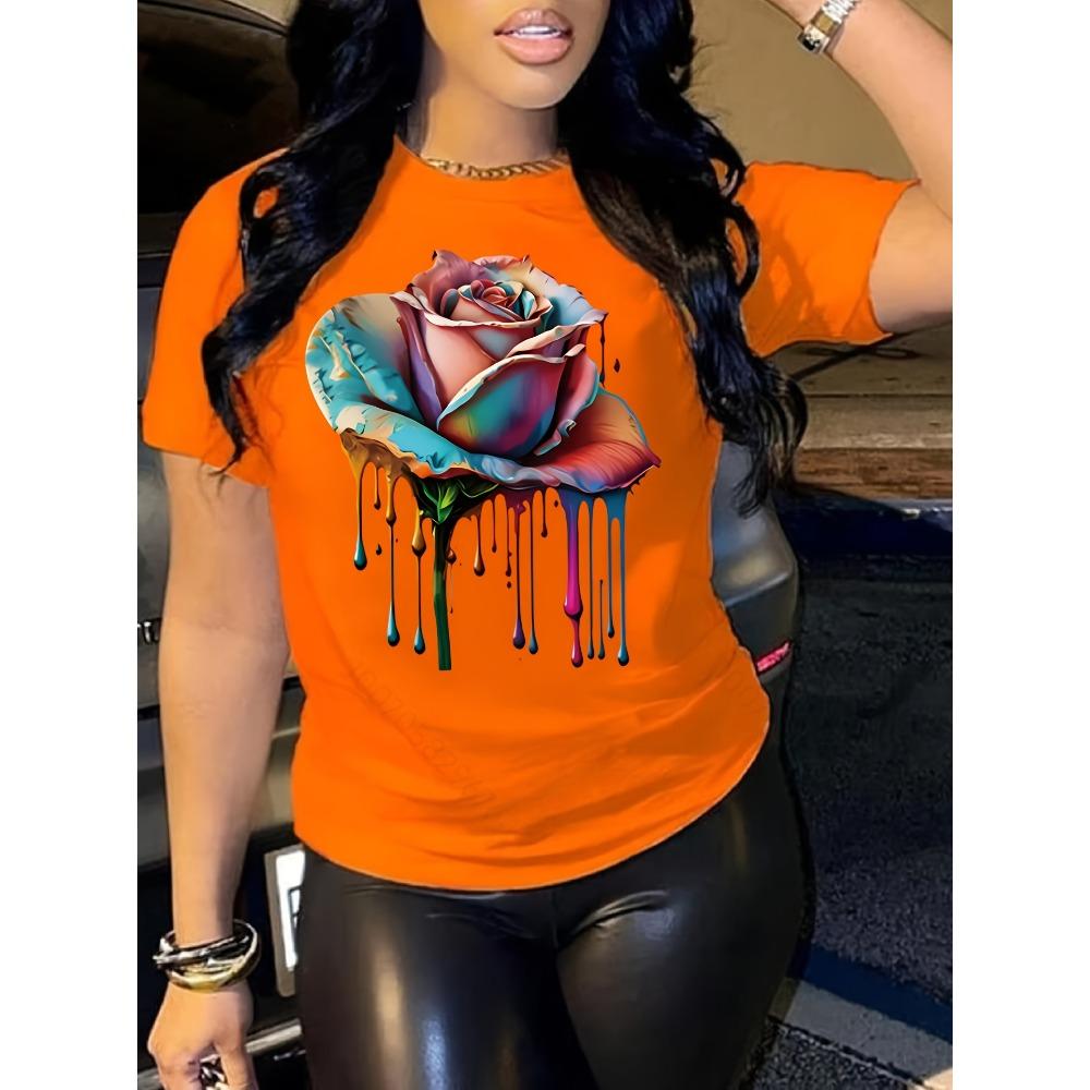 Colorful Drip Rose Women's Tee - Vibrant Artistic Floral Graphic, Stylish Print for Casual Daily Wear
