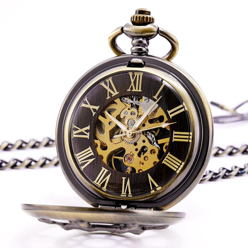 TREEWETO Bronze Double Cover Roman Numeral Dial Skeleton Pocket Watch Men's Women's