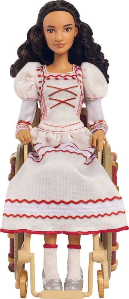 Mattel Универсальные аксессуары для модной куклы Злая Нессароуз с коричневыми кудрявыми позируемыми бальными нарядами и инвалидной коляской, волосами и съемными,