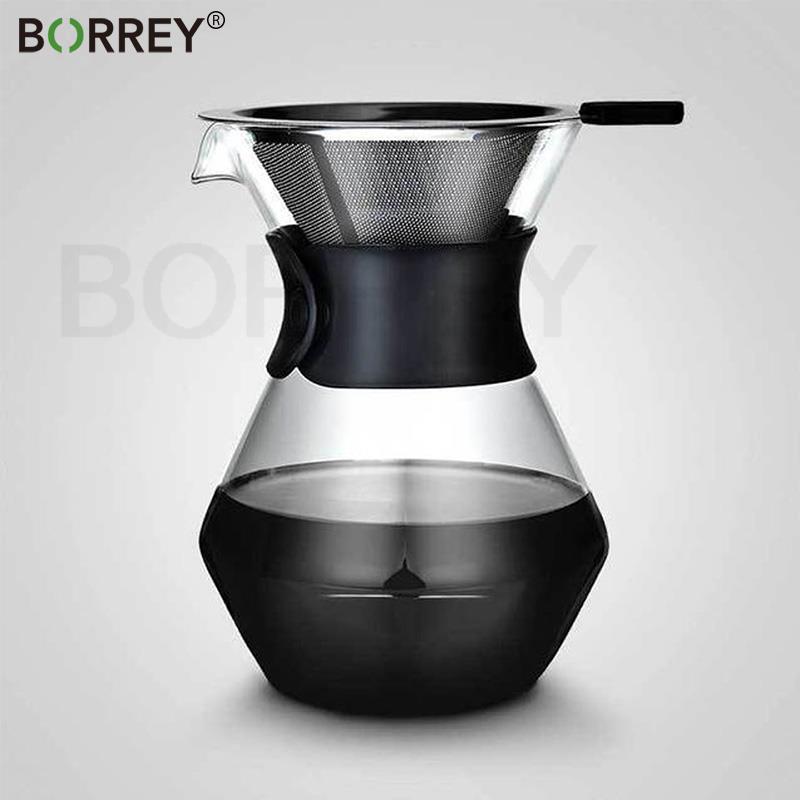 BORREY400ML Стеклянный кофейник, кофеварка, многоразовый фильтр из нержавеющей стали, стеклянный графин, ручная капельница для кофе, горшок для заваривания