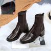 Warm Women Boots Slip-on Square Toe New Autumn Knitted Elastic Woman Short Boots Fashion Ankle Boots Women's Soft Leather Shoes