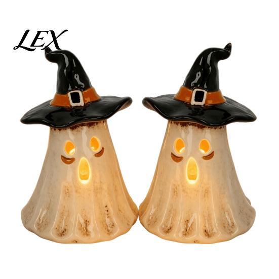 Holiday Atmospheric Night Lights Witch Hat Ghost Tealight Candle Holder, Vintage Resin Halloween Tabletop Decor Rustic Pastoral Theme Ornaments