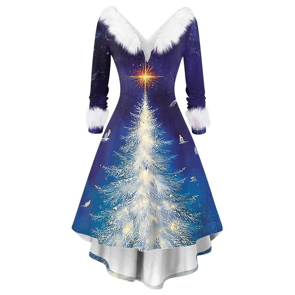 Women's Fashion Elegant Autun And Winter Long Sleeve V-Neck Christmas Print Dress