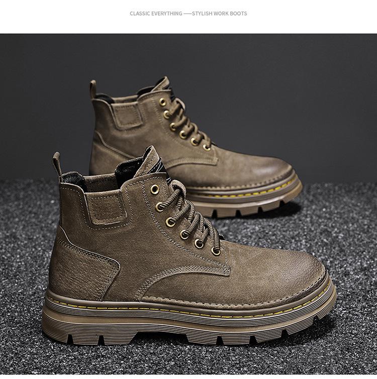 Мужские ботинки Мартин из натуральной кожи с высоким берцем - Желтые ретро зимние ботинки для снега с плюшевой подкладкой