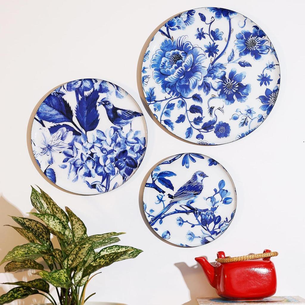 Metal Decorative Wall Plates | Flower and Bird Art Design | Living Room Wall Decoration | Décor Items | Gift Items (Multicolour) (Set of 3)