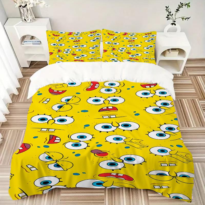 3Pcs Spongebob Expressions Bedding Set Quilt Cover Pillowcase Home Christmas Xmas Halloween Gift 1 Duvet Cover 2 Pillowcase M929161