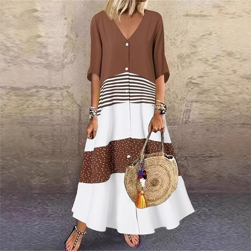 Women's New Summer V-neck Short Sleeve Pullover Long Colour Blocking Dress