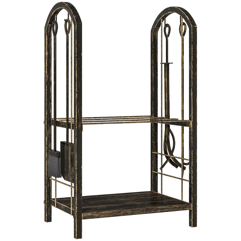 Indoor Firewood Rack 43 X 30 X 74cm 2 Tier Firewood Storage Rack With 4 Fireplace Tools And Hooks