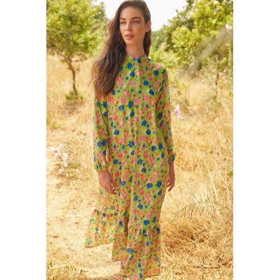 Оранжевая юбка с полуворотником с цветочным принтом и широкое платье с оборками