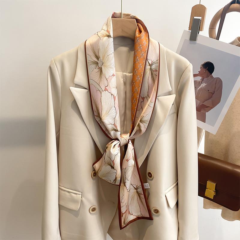 Women Silk Feel Printed Design Scarf Shawl Fashion Luxury Long Narrow Small Silk Scarves Ladies Headband Headscarve Bags Wrap