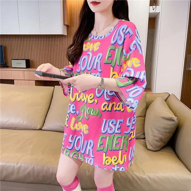 Летняя винтажная футболка с принтом Мода Женская Оверсайз Графические Длинные Футболки Y2k Топы Харадзюку хип-хоп Уличная одежда молодежная