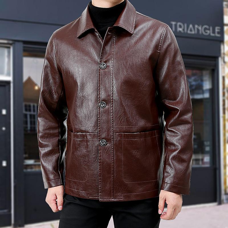 Новая осенне-зимняя повседневная молодежная мужская однобортная кожаная куртка с лацканами, новая мужская куртка из искусственной кожи