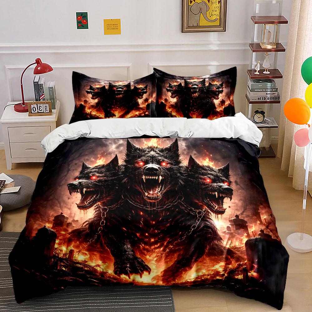 Fiery Three-Headed Cerberus Bedding Duvet Cover Set Duvet Cover Pillowcases (1*Duvet Cover 2*Pillowcases, without duvet insert)