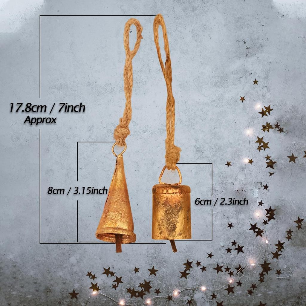 10-Piece Rustic Gold Metal Bell with Rope for DIY Crafts, Vintage Christmas Ornaments and Handmade Wind Chimes, 3.15 Inch Farmhouse Decor