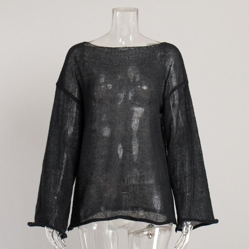 Fashion Hollow Loose Knitted Pullovers T-shirt Women Tops Spring Round Neck Flare Sleeve Women T Shirts Casual Autumn Thin Perspective Sexy Tee 25946