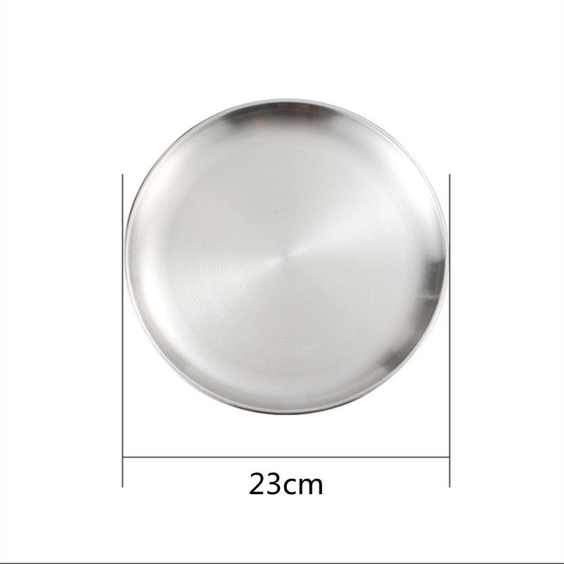 Round Stainless Steel Dinner Plates Flat Insulated Thick BBQ Shallow Dishes Western Steak Cake Fruit Tray Kitchen Accessories