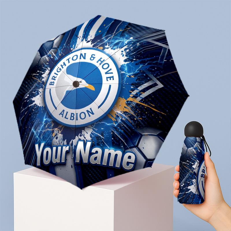 Brighton & Hove Albion Football Manual Five Fold 8 Rib Umbrella Support Custom Text, Lightweight Travel Umbrella