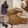 Кожаные полушлепанцы на толстой подошве с высокой платформой, с меховой отделкой, женская обувь, новые осенне-зимние угги, пушистые хлопковые тапочки