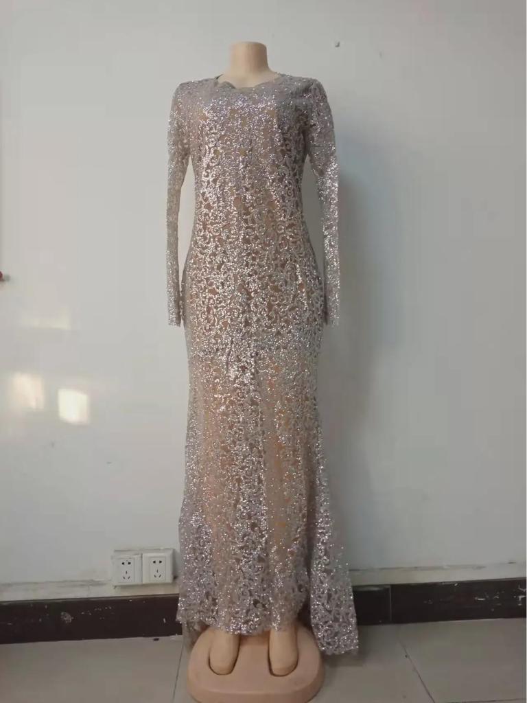 2025 Европейско-американская весна золото штамповка тонкий длинный рукав сексуальное вечернее платье для женщин