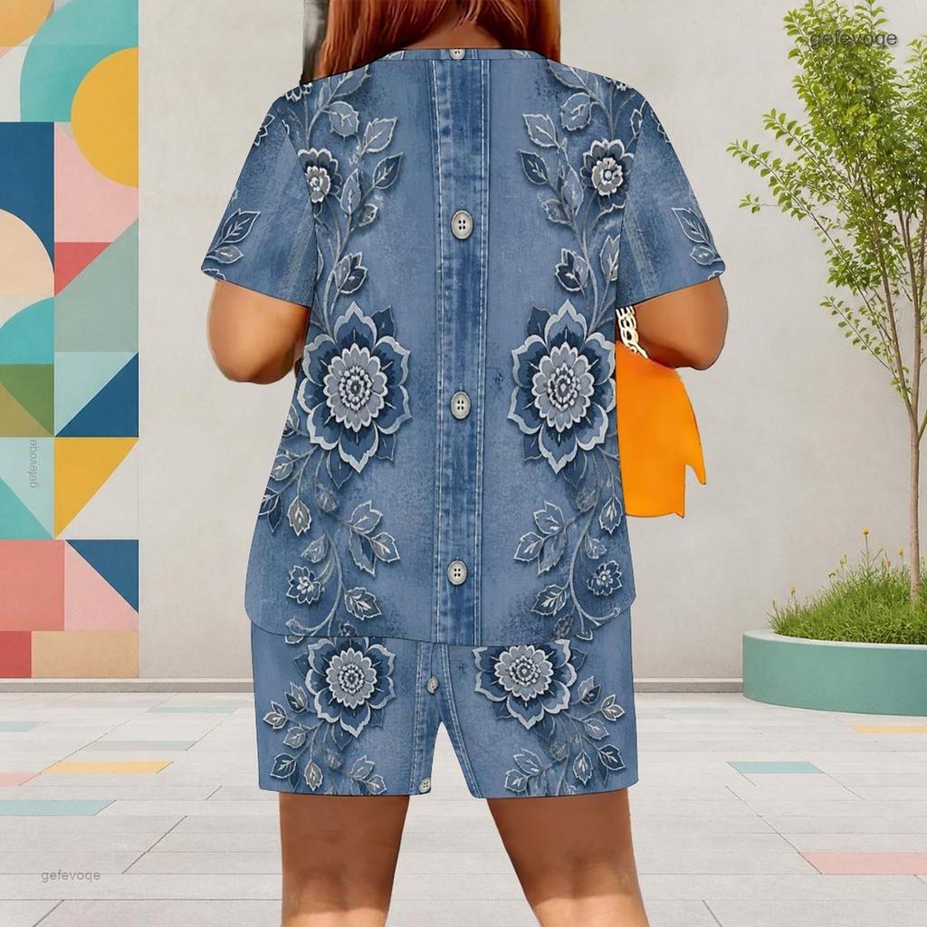 Women Plus Size Blue Floral Printed Round Neck Short Sleeve Top Pocket Shorts Two Piece Set