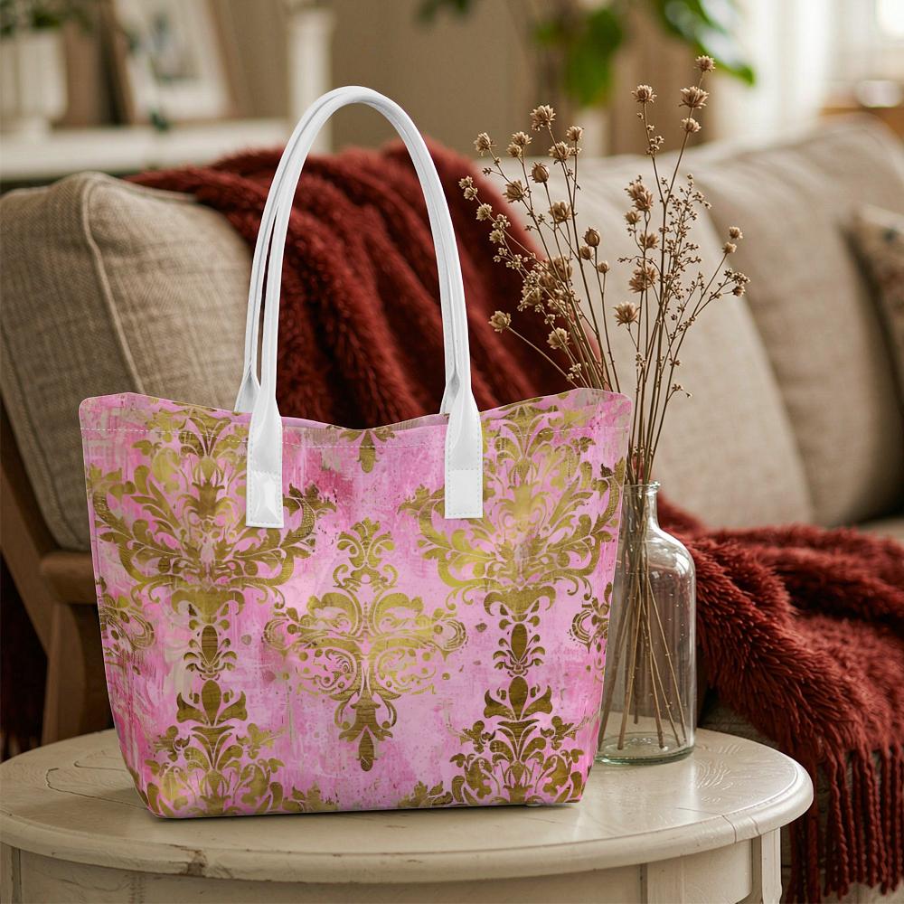 Vintage Pink Gold Pattern Tote Bag Stylish Casual Daily Carry Bag for Women