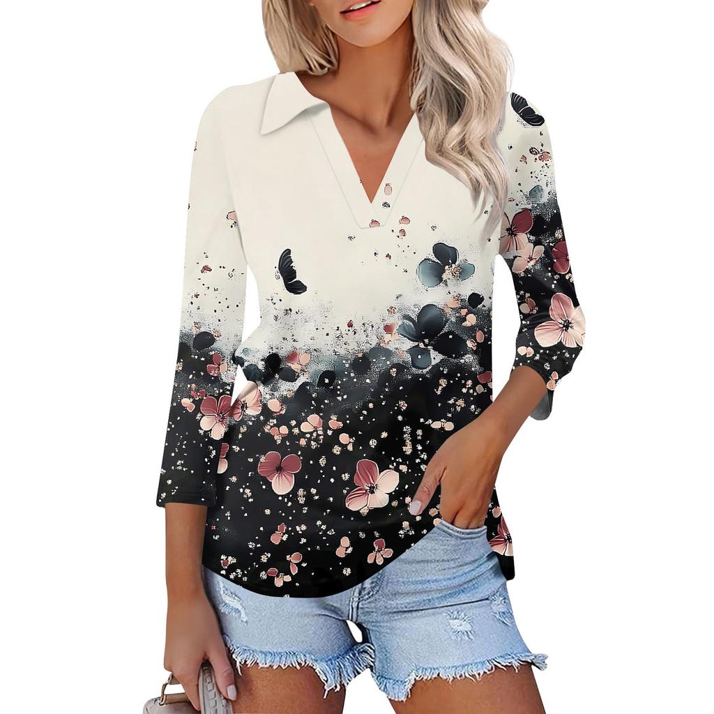 Женская мода повседневная рубашка с лацканами и рукавом 3/4 с принтом, женские топы с V-образным вырезом