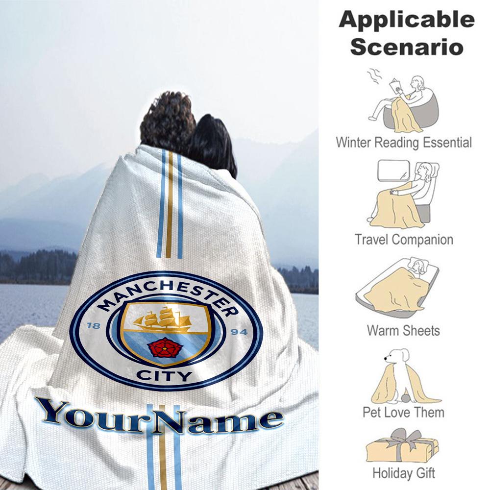 Manchester City Customize Your Name Blanket Cozy Customizable Blanket Soft & Cozy Throw For Nap Bed Chair Bedding Ideal for All Seasons