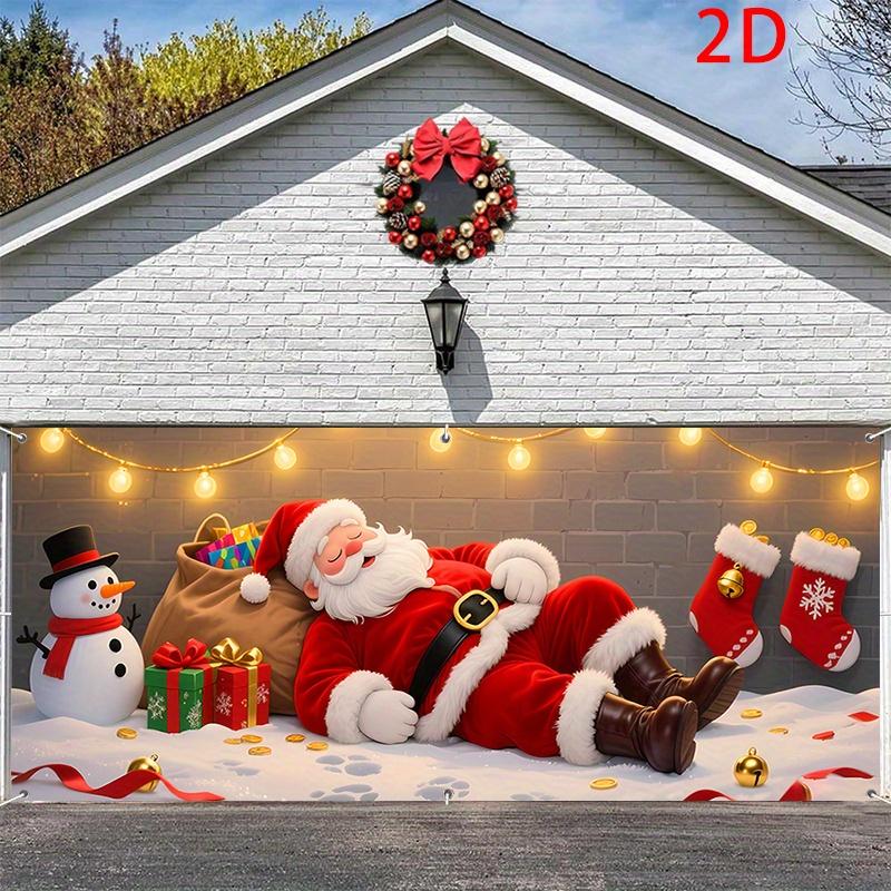 Christmas garage door decoration with sleeping Santa Claus, snowmen and flashing lights - winter Christmas background cloth