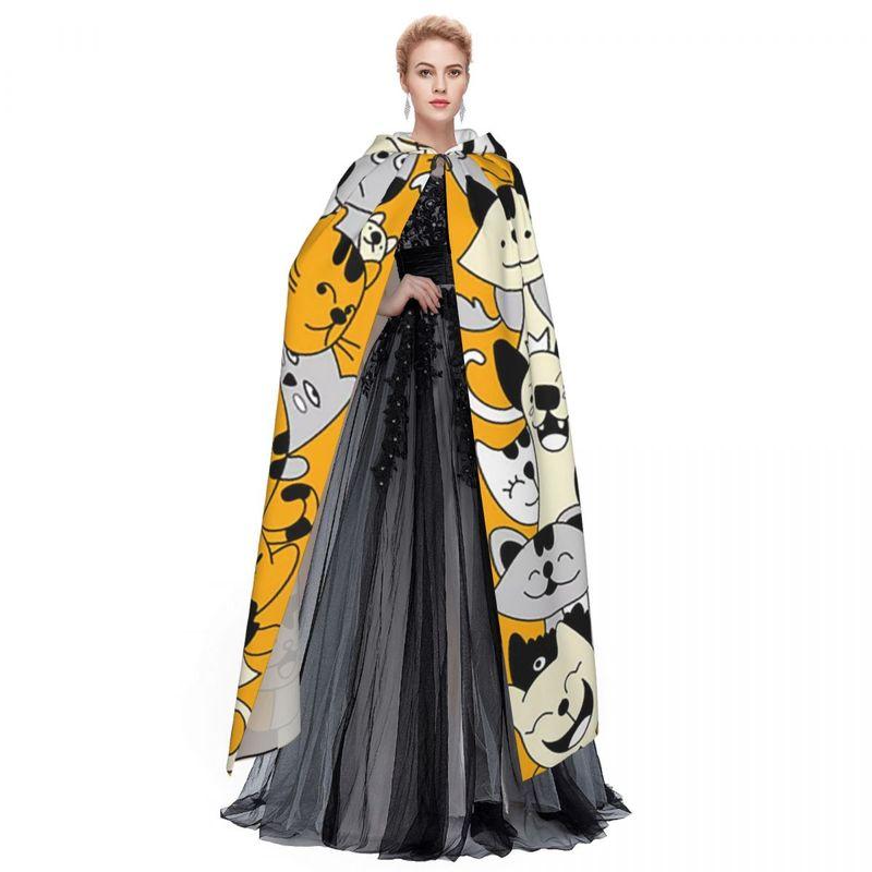Cute Kitten Cat Pattern Long Hooded Cloak Witch Medieval Costume Cosplay Cape HalloweenVampire Adult Unisex