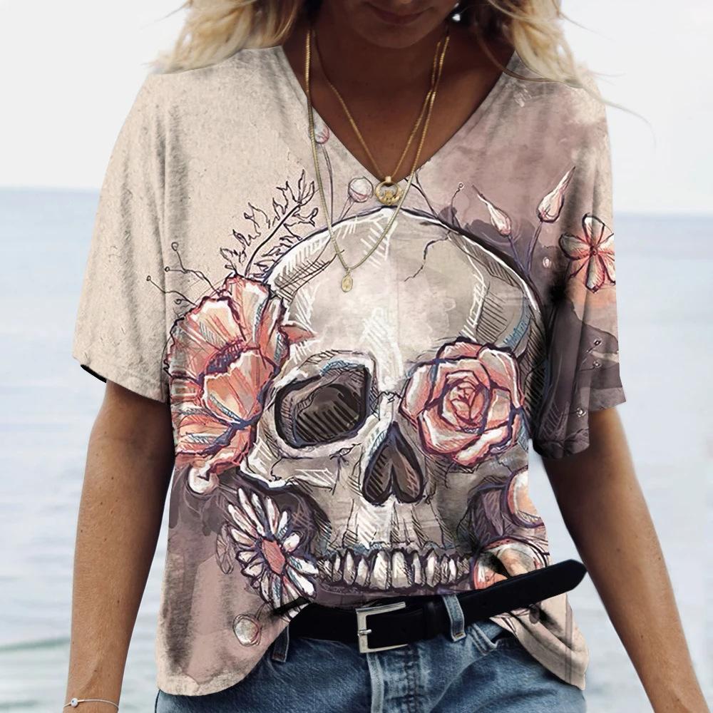 Flower Skull Pattern 3D Digital Print Women's Comfortable V-neck Short Sleeved T-shirt