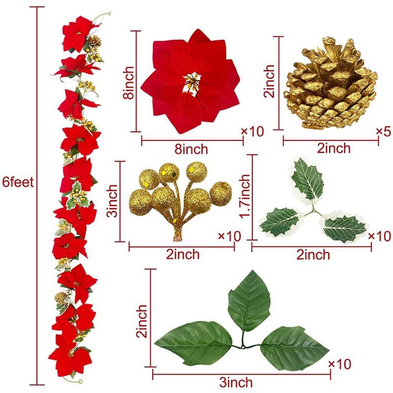 2m 10LED Christmas Poinsettia Flowers Decorations Garland String Lights with Red Berries Leaves Xmas Tree Ornaments