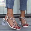 Large Size Rhinestone Butterfly Sandals Women's New Square Head Crystal Thick Heel Transparent High Heels