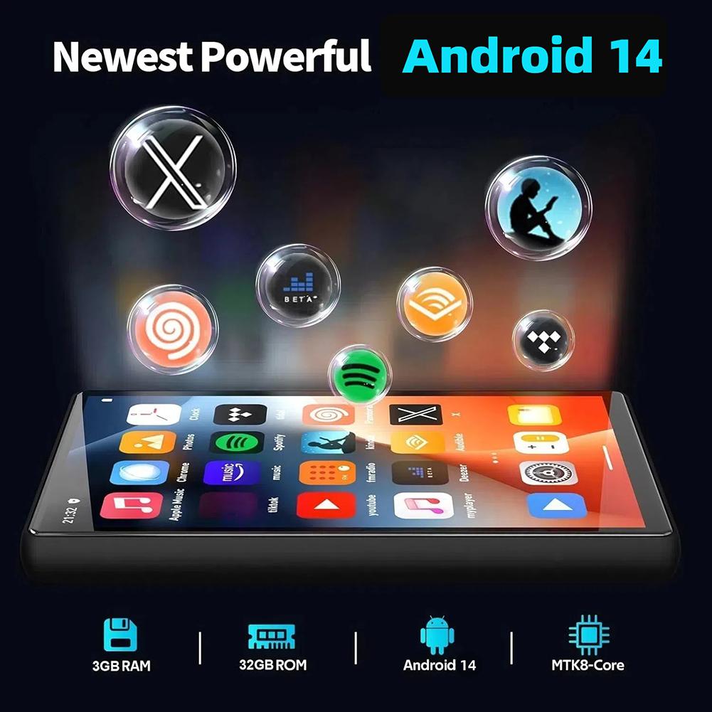 M13 32 ГБ/64 ГБ MP3-плеер для Android 14.0 Перезаряжаемый Bluetooth 5.0 Портативный музыкальный Walkman 4-дюймовый полносенсорный экран Аудиоплеер