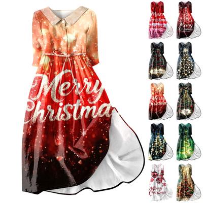Женское модное платье с рождественским принтом, застегивающееся на пуговицы, с манжетами длиной семь четвертей и бретельками