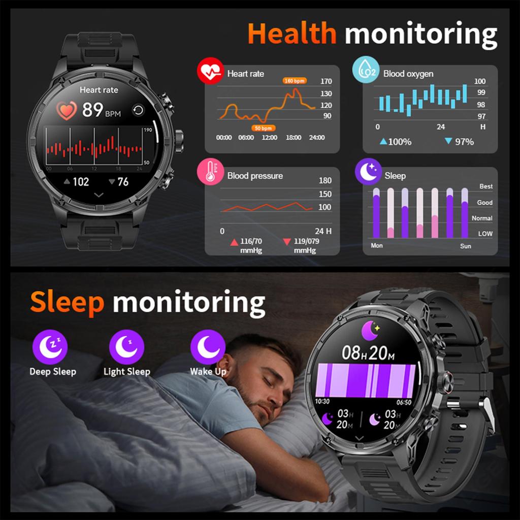 LIGE 2024 Новые военные умные часы 710 мАч светодиодный фонарик Bluetooth звонок мужские умные часы водонепроницаемые для спорта на открытом воздухе фитнес умный браслет