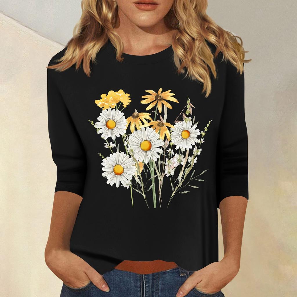 Women's Fashion Casual Printed Seven Sleeve Round Neck Top