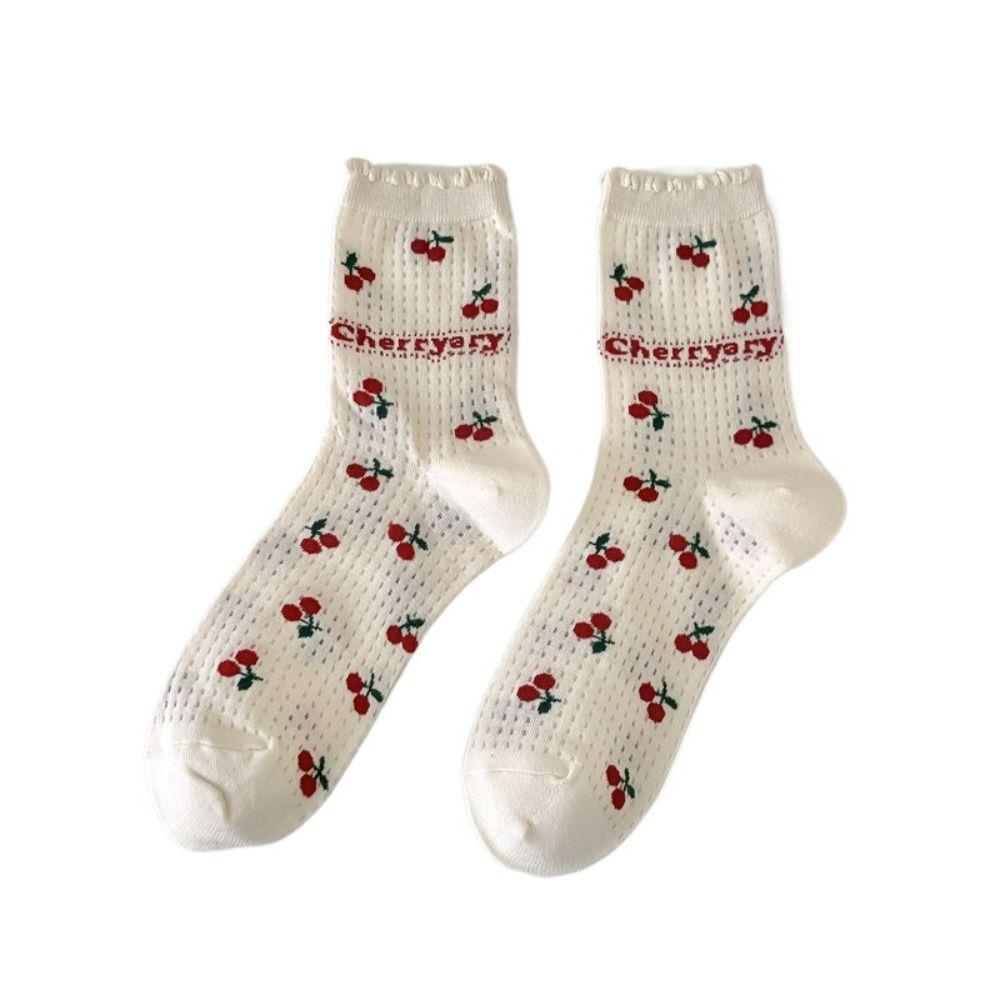 Hollow Out Cherry Short Socks Ruffle Summer Tube Socks Fashion Mesh Ankle Socks Streetwear