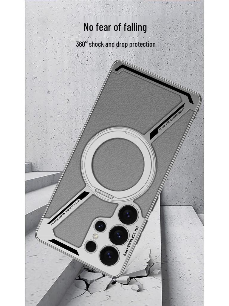 Защитный чехол Samsung S25 Ultra с магнитным вращающимся держателем – Противоударный, Гальванизированная кожаная обложка