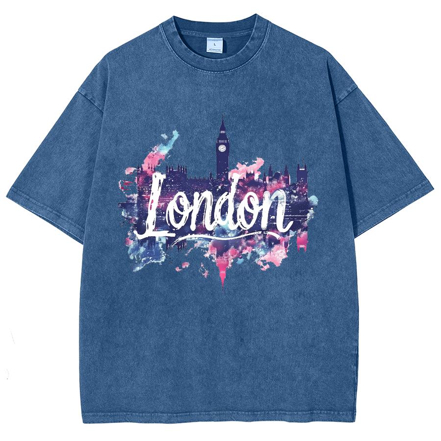Женский топ London Ink-Splashed Letter Print, свободный, из стираного хлопка, с коротким рукавом, модный, модный, уличный, черный